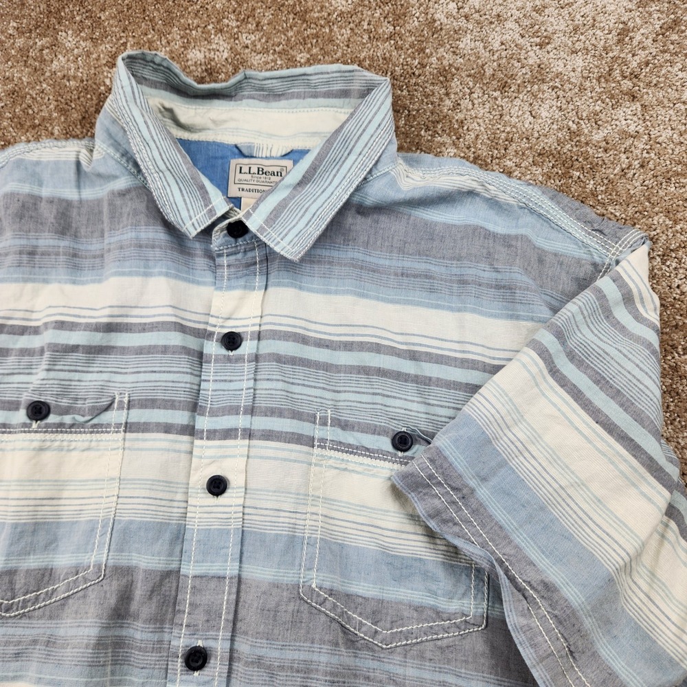 LL‎ Bean Mens XL Traditional Fit Linen Blend Striped Short Sleeve Shirt 520225